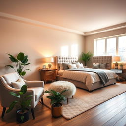 A beautifully redesigned bedroom featuring a cozy atmosphere with warm lighting