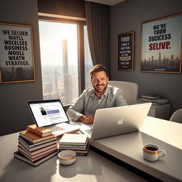 An inspirational and motivational scene depicting a person sitting at a sleek, modern desk with a laptop open, showcasing a chat interface with GPT-4