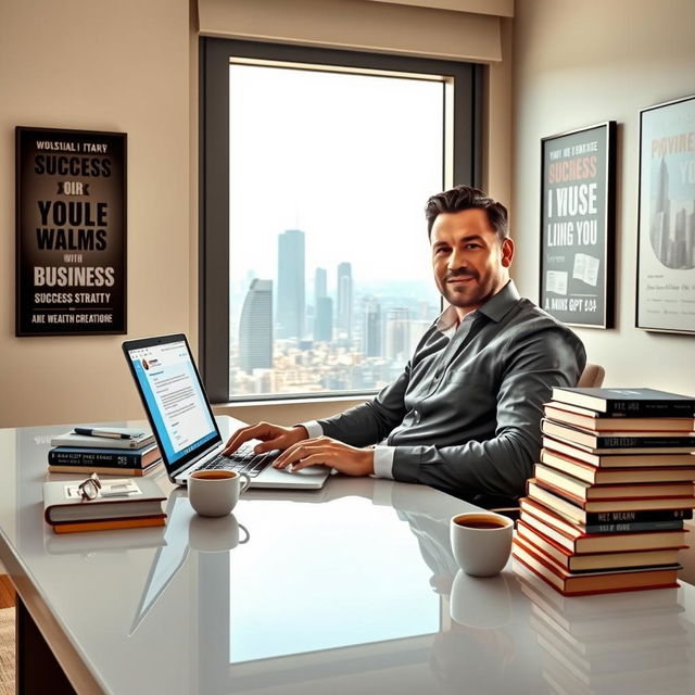 An inspirational and motivational scene depicting a person sitting at a sleek, modern desk with a laptop open, showcasing a chat interface with GPT-4