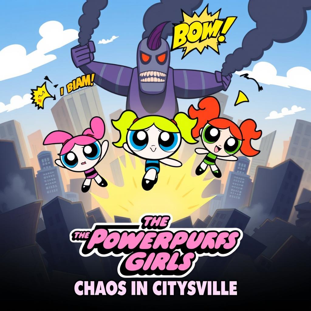 A colorful movie poster inspired by the original animated series featuring the Powerpuff Girls, depicting Blossom, Bubbles, and Buttercup fighting against the backdrop of a city in ruins caused by Mojo Jojo