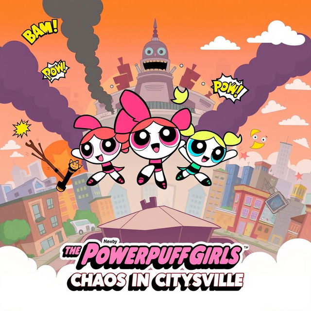 A colorful movie poster inspired by the original animated series featuring the Powerpuff Girls, depicting Blossom, Bubbles, and Buttercup fighting against the backdrop of a city in ruins caused by Mojo Jojo