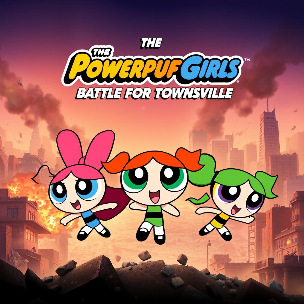 An exciting movie poster for a film featuring the Powerpuff Girls set against the backdrop of a city in ruins caused by the devious Mojo Jojo