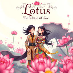 A fantasy book cover titled 'Lotus: The Palette of Love', featuring an animated couple in a whimsical, dream-like setting