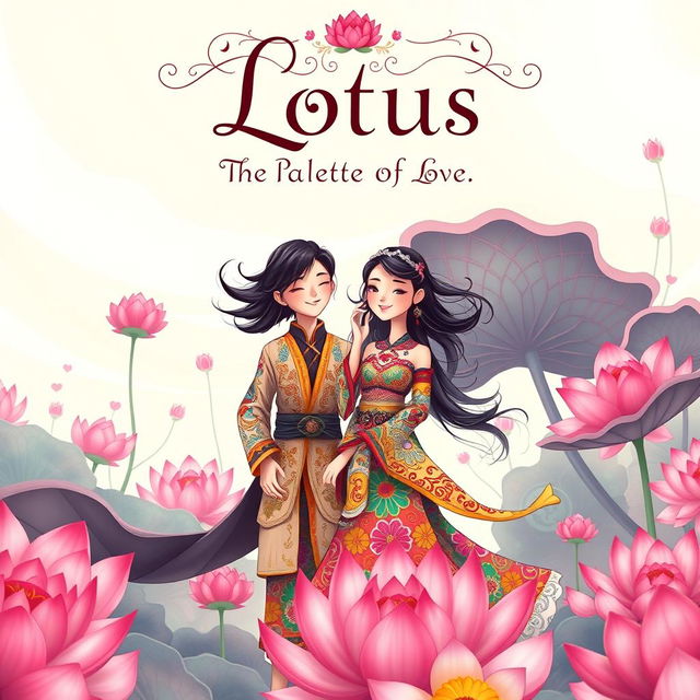 A fantasy book cover titled 'Lotus: The Palette of Love', featuring an animated couple in a whimsical, dream-like setting