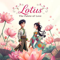 A fantasy book cover titled 'Lotus: The Palette of Love', featuring an animated couple in a whimsical, dream-like setting