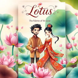 A fantasy book cover titled 'Lotus: The Palette of Love', featuring an animated couple in a whimsical, dream-like setting