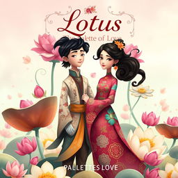 A fantasy book cover titled 'Lotus: The Palette of Love', featuring an animated couple in a whimsical, dream-like setting