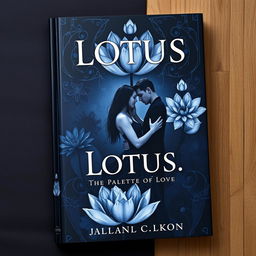A fantasy book cover titled 'Lotus: The Palette of Love', featuring a captivating design in an even darker color palette with deep indigos, velvety blacks, and subtle hints of shadowy grays, punctuated by few delicate white shades
