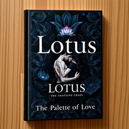 A fantasy book cover titled 'Lotus: The Palette of Love', featuring a captivating design in an even darker color palette with deep indigos, velvety blacks, and subtle hints of shadowy grays, punctuated by few delicate white shades