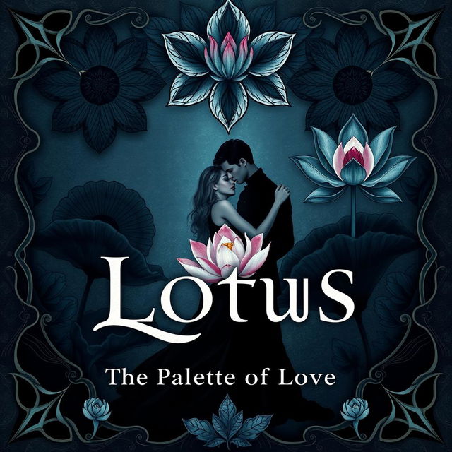 A fantasy book cover titled 'Lotus: The Palette of Love', featuring a captivating design in an even darker color palette with deep indigos, velvety blacks, and subtle hints of shadowy grays, punctuated by few delicate white shades