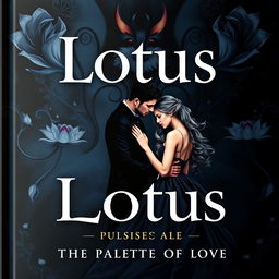 A fantasy book cover titled 'Lotus: The Palette of Love', featuring a captivating design in an even darker color palette with deep indigos, velvety blacks, and subtle hints of shadowy grays, punctuated by few delicate white shades