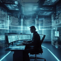 A software engineer sitting in a futuristic office, surrounded by multiple holographic screens displaying codes, while working on a high-speed computer.