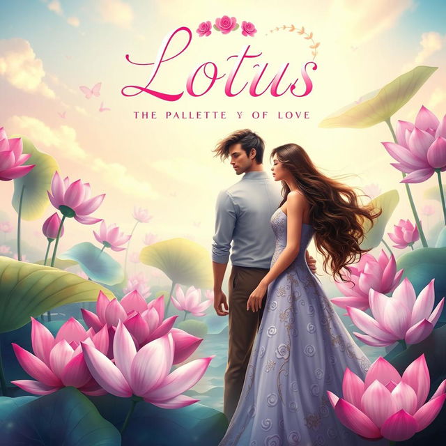 A fantasy book cover titled 'Lotus: The Palette of Love', featuring a realistic couple immersed in a magical garden landscape