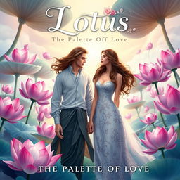 A fantasy book cover titled 'Lotus: The Palette of Love', featuring a realistic couple immersed in a magical garden landscape