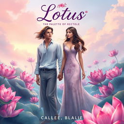 A fantasy book cover titled 'Lotus: The Palette of Love', featuring a realistic couple immersed in a magical garden landscape