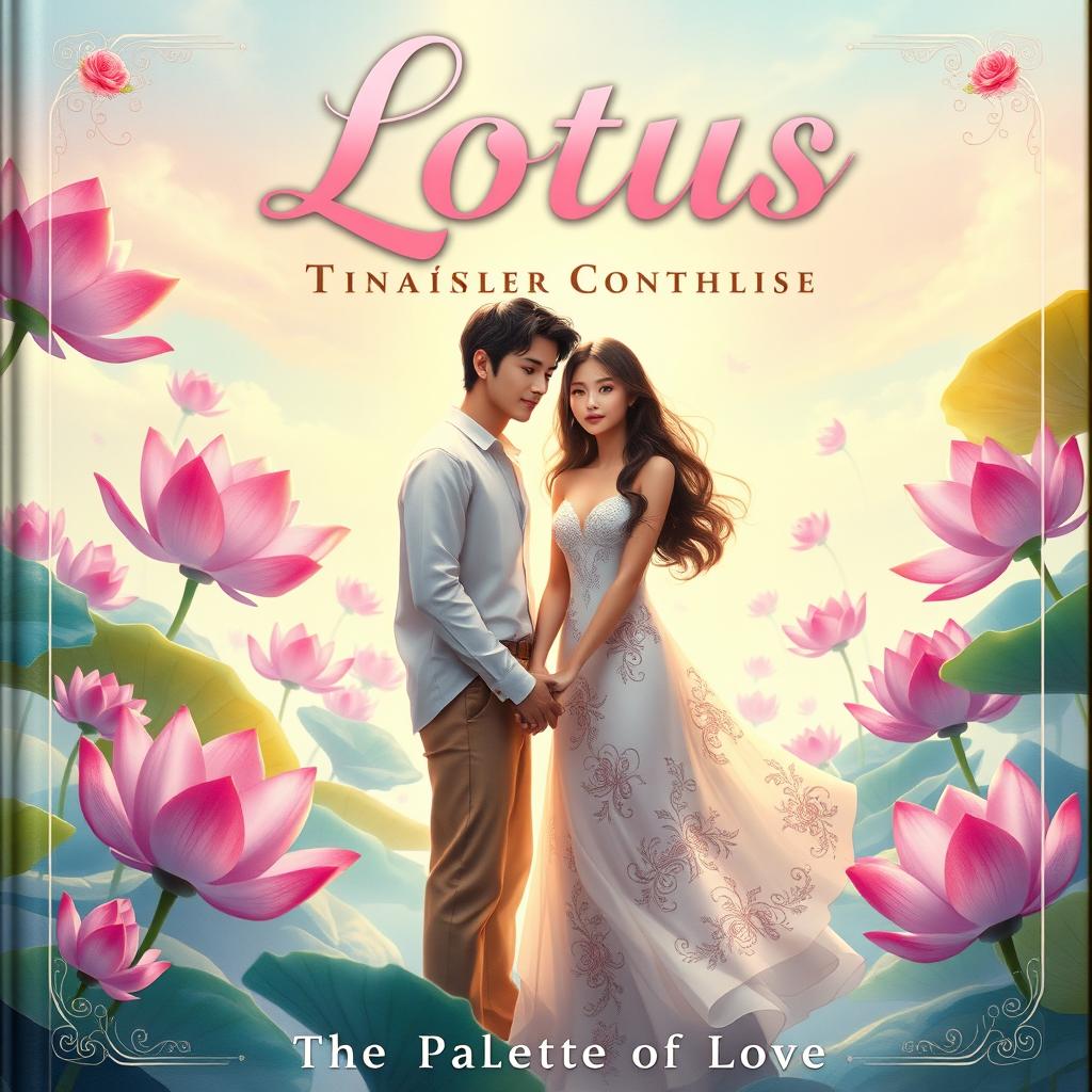 A fantasy book cover titled 'Lotus: The Palette of Love', featuring a realistic couple immersed in a magical garden landscape