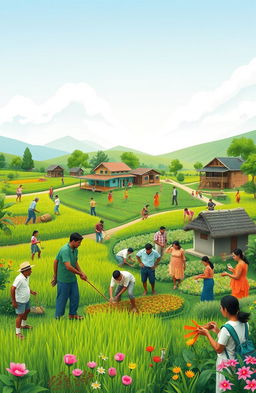 An inspiring depiction of cooperative development and progress, showcasing individuals from diverse backgrounds coming together to create a thriving community