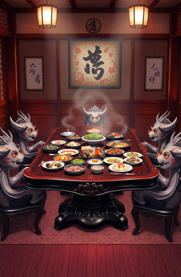 A beautifully designed anime style dining table, featuring elegant demon motifs and intricate carvings