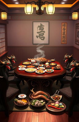 A beautifully designed anime style dining table, featuring elegant demon motifs and intricate carvings