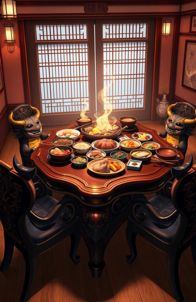 A beautifully designed anime style dining table, featuring elegant demon motifs and intricate carvings