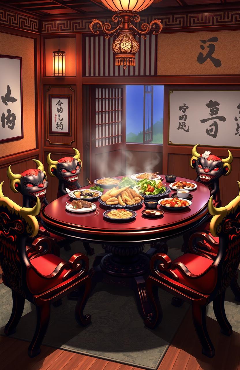 A beautifully designed anime style dining table, featuring elegant demon motifs and intricate carvings