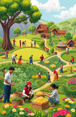 An inspiring depiction of cooperative development and progress, showcasing individuals from diverse backgrounds coming together to create a thriving community