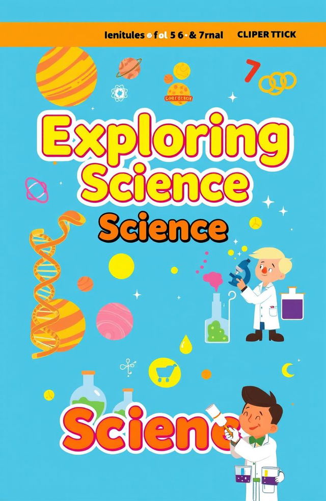 An engaging and colorful cover design for a science textbook targeted at primary school students in grades 5, 6, and 7