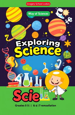 An engaging and colorful cover design for a science textbook targeted at primary school students in grades 5, 6, and 7
