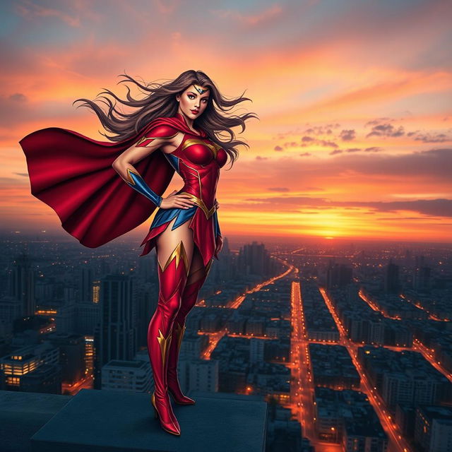 A powerful and confident superheroine stands tall on a city rooftop, overlooking a sprawling urban landscape at sunset