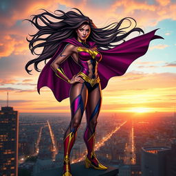 A powerful and confident superheroine stands tall on a city rooftop, overlooking a sprawling urban landscape at sunset