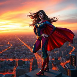 A powerful and confident superheroine stands tall on a city rooftop, overlooking a sprawling urban landscape at sunset
