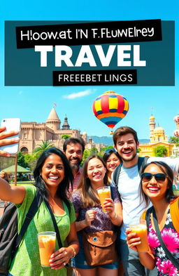 A vibrant and fun-filled travel scene depicting a group of friends enjoying a lively sightseeing tour