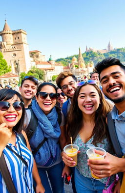 A vibrant and fun-filled travel scene depicting a group of friends enjoying a lively sightseeing tour