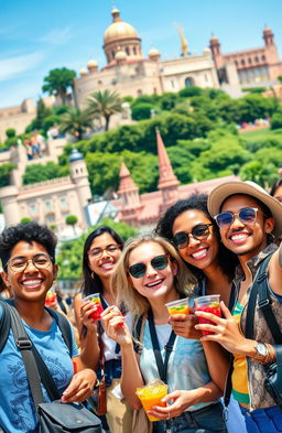 A vibrant and fun-filled travel scene depicting a group of friends enjoying a lively sightseeing tour