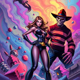 A vibrant and dynamic scene depicting a superheroine in a colorful, stylized dream landscape, being confronted by a nightmarish figure resembling Freddy Krueger