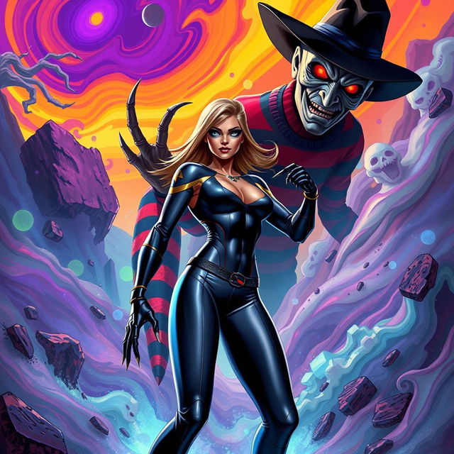 A vibrant and dynamic scene depicting a superheroine in a colorful, stylized dream landscape, being confronted by a nightmarish figure resembling Freddy Krueger