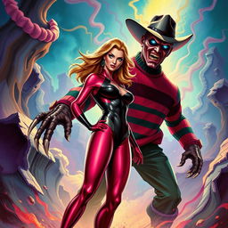 A vibrant and dynamic scene depicting a superheroine in a colorful, stylized dream landscape, being confronted by a nightmarish figure resembling Freddy Krueger