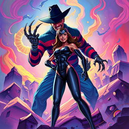 A vibrant and dynamic scene depicting a superheroine in a colorful, stylized dream landscape, being confronted by a nightmarish figure resembling Freddy Krueger