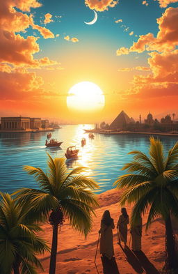 An artistic interpretation of a journey along the Nile River, symbolizing the exploration of Ancient Egyptian religion