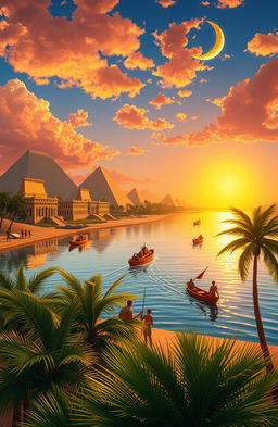 An artistic interpretation of a journey along the Nile River, symbolizing the exploration of Ancient Egyptian religion