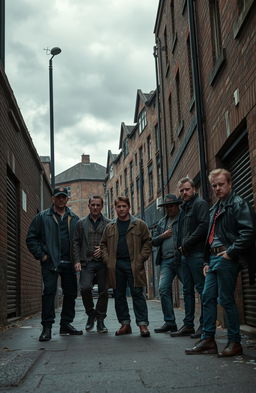 A gritty northern gangster scene set in Blackburn, England, featuring tough characters dressed in classic 90s British gangster attire, surrounded by dark alleyways and urban decay