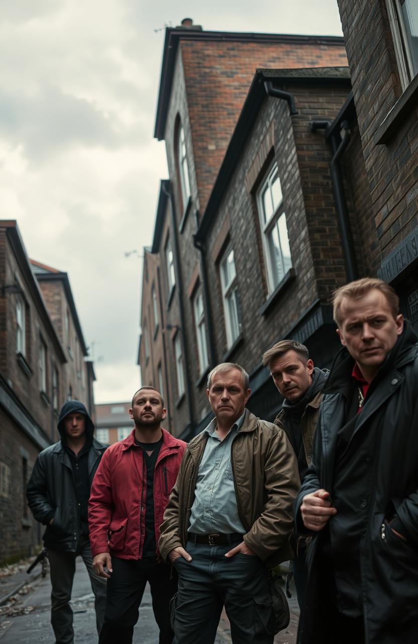 A gritty northern gangster scene set in Blackburn, England, featuring tough characters dressed in classic 90s British gangster attire, surrounded by dark alleyways and urban decay