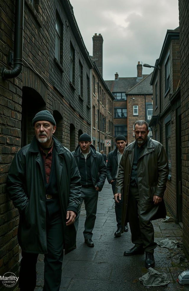 A gritty northern gangster scene set in Blackburn, England, featuring tough characters dressed in classic 90s British gangster attire, surrounded by dark alleyways and urban decay