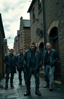A gritty northern gangster scene set in Blackburn, England, featuring tough characters dressed in classic 90s British gangster attire, surrounded by dark alleyways and urban decay