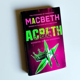 A book cover featuring a digitally 'glitched' background with vibrant neon green and pink accents, symbolizing Macbeth's descent into madness and chaos