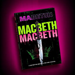 A book cover featuring a digitally 'glitched' background with vibrant neon green and pink accents, symbolizing Macbeth's descent into madness and chaos