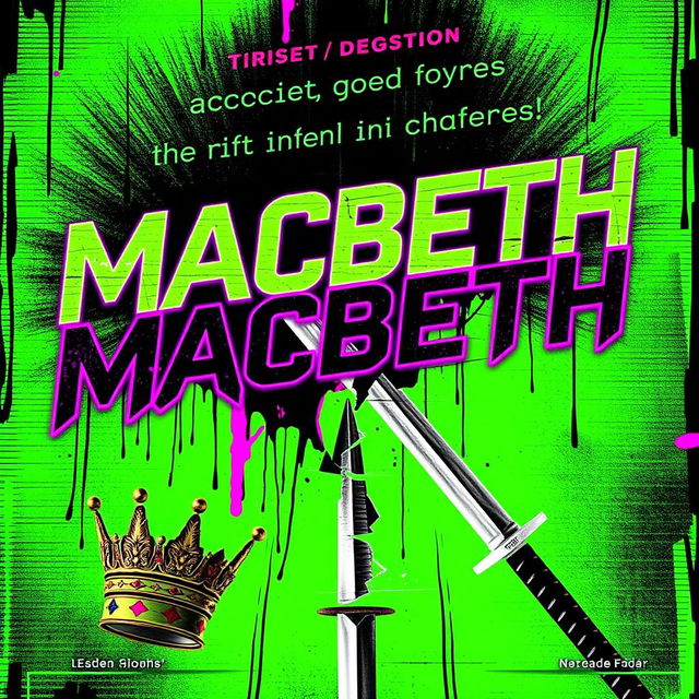 A book cover featuring a digitally 'glitched' background with vibrant neon green and pink accents, symbolizing Macbeth's descent into madness and chaos