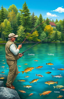 An detailed illustration of various fishing techniques with a rod