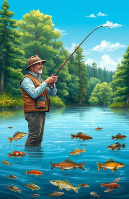 An detailed illustration of various fishing techniques with a rod
