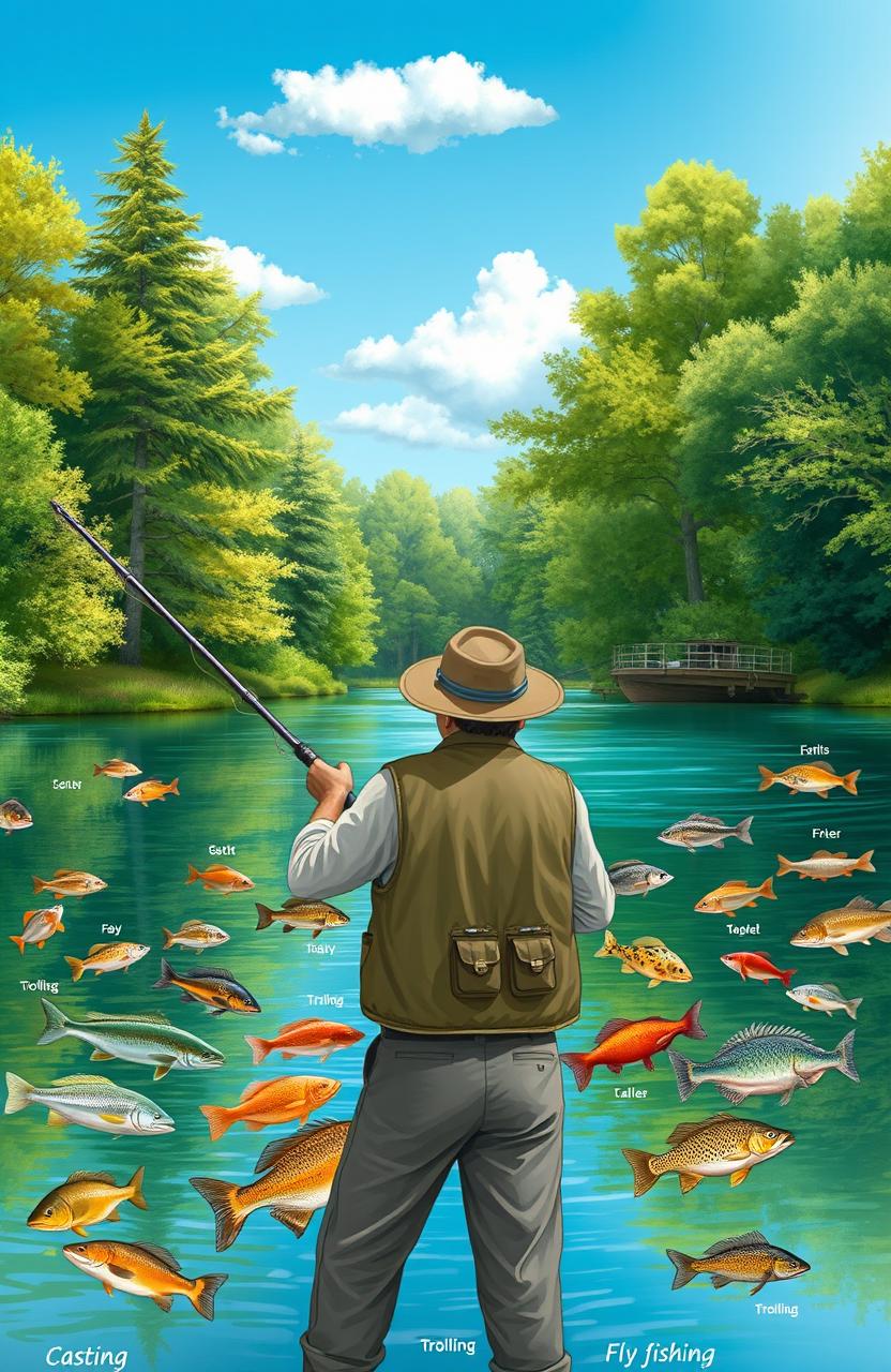 An detailed illustration of various fishing techniques with a rod